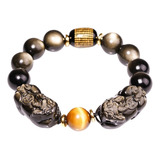 Pulsera Doble Pixiu De Obsidiana De Oro Feng Shui