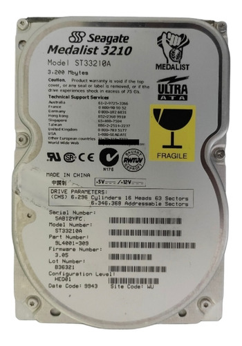 Hard Disk 3.2gb Seagate Conexão Ide Pc Antigo Pentium Amd 