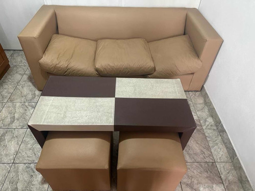 Sillon 3 Cuerpos De Cuerina + Mesa Ratona + 2 Cubos