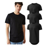 Kit 3 Camiseta Long Line Preta Slim Masculina 100% Algodão !