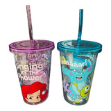 Duo Vasos Disney Ariel Monster Inc Plastico C/ Popote 420ml