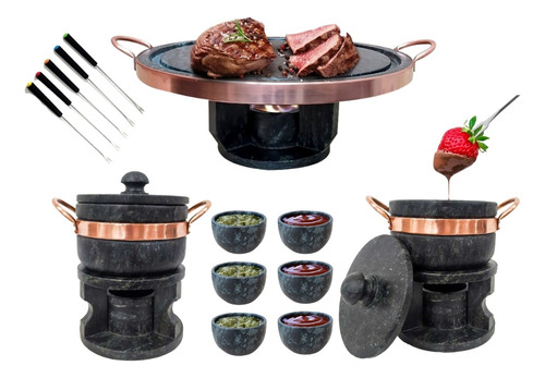 Kit Fondue 27cm Pedra Sabão 2 De 800ml 6 Tigelas 6 Garfinhos