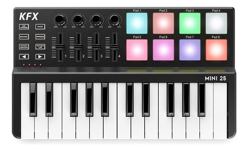 Kfx Mini 25 Teclado Controlador Midi Usb Teclas Pads Knobs