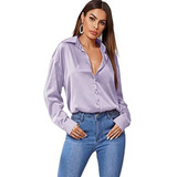 Blusa De Manga Larga De Seda Satinada Para Mujer Con Botones