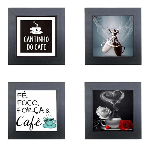 Kit 4 Quadros Decorativos Cantinho Café Cozinha Com Moldura 