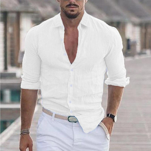 Camisa De Playa Para Hombre Con Solapa De Algodón Y Lino Par