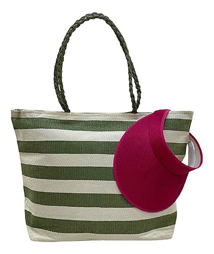 Kit Bolsa De Praia Listrada Verde E Viseira Elástico Rosa