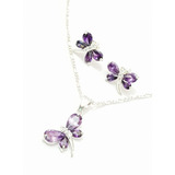 Collar De Libelula De Plata Y Aretes Cristal Morado 1.7 Cm