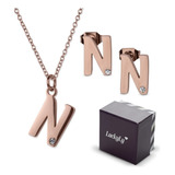 Set Joyería Mujer, Aretes Collar Inicial Letras Luckyly Color N