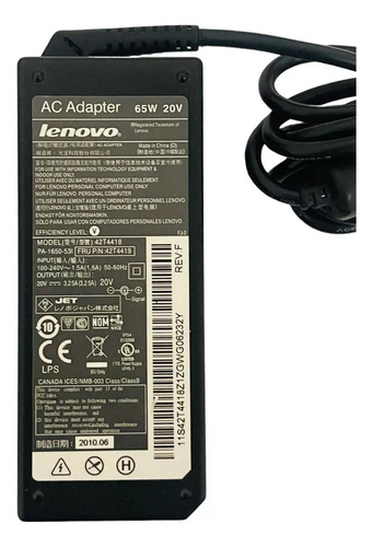 Cargador/adaptador Lenovo Original 65w 20v 1.5a. Mod:42t4418
