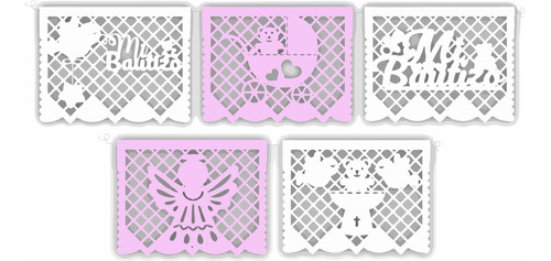 Decoración Papel Picado Bautizo Niña 10 Tiras 5.5 Mt Rosa-bl