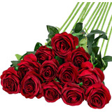 12 Rosas De Seda Artificiales Con Tallo Largo - Vino Rojo