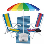 Kit 2 Cadeiras Reclináveis Mesa Esteira Guarda Sol + Base