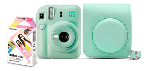 Kit Câmera Instax Mini 12 Verde + 10 Fotos Macaron E Bolsa