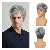 Peruca Curta Masculina Grisalha Cabelo Liso Humano Sintética