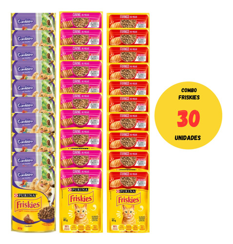 Combo Com 30 Sachês Friskies 85g Para Gatos 3 Sabores