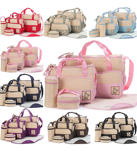 Set 5 Bolsas Panaleras Cambiador Bebe Botella Viaje Multiuso Color Rosa Lisa