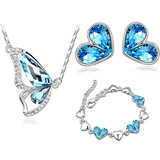 Set Mariposa Azul Cadena Dije Aretes Pulsera Oro 18kgp Crist