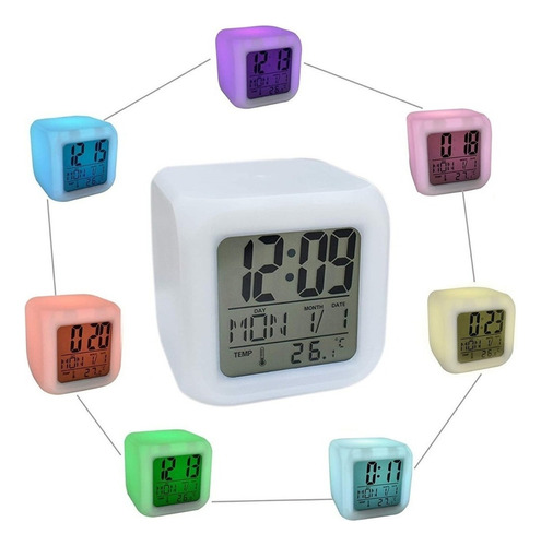 Reloj Despertador Alarma 8 Colores Led Cubo Luminoso Digital Color Blanco