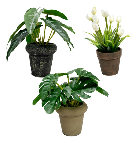 Kit 3 Plantas Artificiales Tulipan Monstera Y Begonia