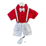 Conjunto Social Short Camisa Gravata Susp. Vermelho Branco 