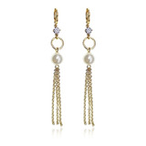 Aretes Oro 24k Lam Perlas Largos Colgantes Elegante Mujer