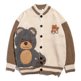 Cárdigan Lindo Oso Bordado Diseño Creativo Suéter Retro Moda