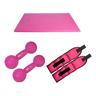 Halter Emborrachado 2kg + Tornozeleira 2kg + Colchonete Rosa