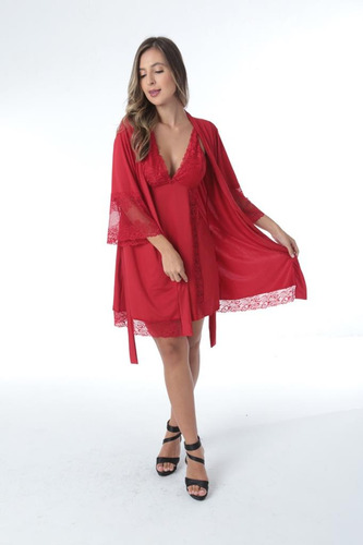 Kit  Robe Hoby + Camisola Com Renda Lingerie Sexy Luxo Lg016