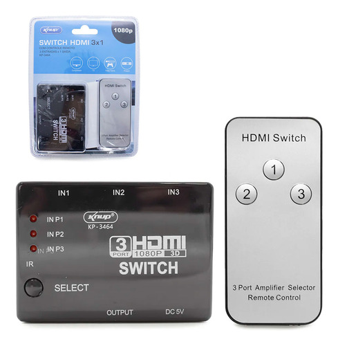 Knup Switch Hdmi 3x1 Com Controle Remoto Kp-3464