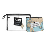 Kit 2 Necessaire Viagem Estojo Mapa Frase Viajar Pelo Mundo