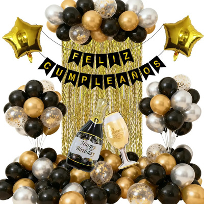 Globos De Cumpleaños Con Letrero De Feliz Cumpleaños En Español, Decoraciones De Cumpleaños Con Globos Metálicos Para Hombres Y Mujeres, Fiestas De Cumpleaños Con Cortinas Brillantes | Meses sin interés