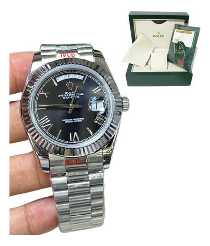 Rolex Daydate Prata Fundo Preto Base Eta Automático Completo