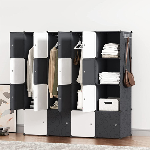 Armario De Plástico Portátil Closet Organizado Con 16 Cubo Color Negro