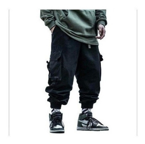 Negro Cargo Hombres Pantalones Hip Hop Skinny