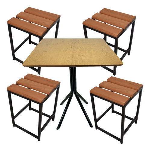 Conjunto Mesa 76cm 4 Bancos 50cm Quadrado Madeira Jardim Bar