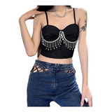 Crop Top De Mujer Con Tirantes - Flecos Cristales Y Brillos