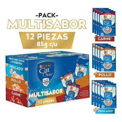 Purina Cat Chow Pack De 3 Sabores Con 12 Sobres De 85g C/u