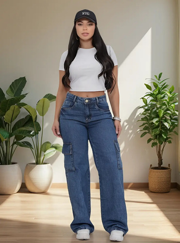 Calça Jeans Feminina Cargo Levanta Bumbum Cintura Alta 100% | MercadoLivre