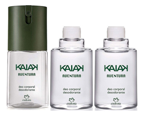 Kit Perfume Deo Corporal Kaiak Aventura Masculino 100ml Natura E 2 Refil De Recarga
