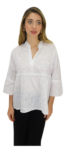 Blusa Camisola Broderie Style India Talle Grande Blanca 3/4