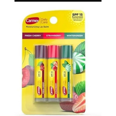 Carmex Bálsamo Labial Daily Care con SPF Pack 3 Pz en Barra Hidratante Reparador para Labios Secos Todo el Día Fresa, Cereza y Menta Fresca Fórmula Suave con Protección Solar, Alivia Dolor y Ardor | MercadoLibre
