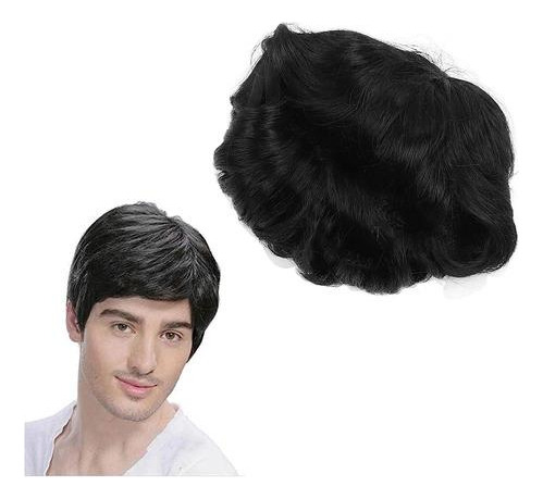 Peruca Curta Masculina Preto Cabelo Liso Humano Sintética 