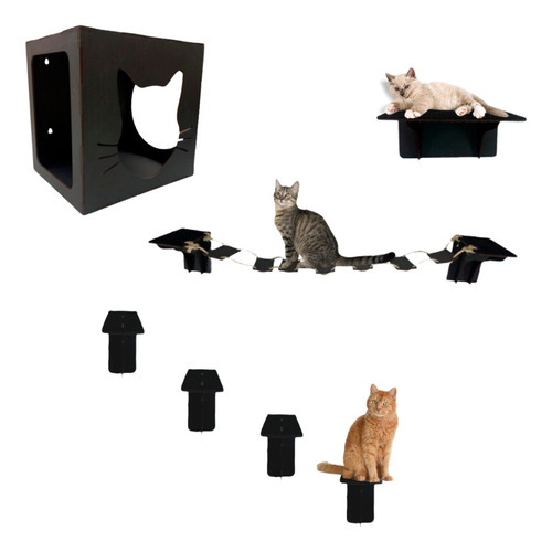 Playground 7 Pçs Em Mdf Preto Para Gatos Gatificação