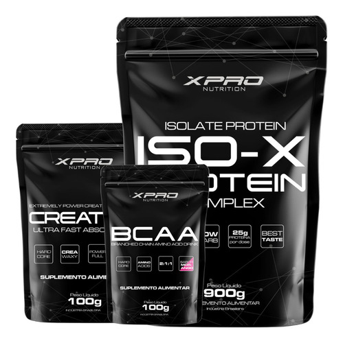 Kit Iso-x 900gr Chocolate + Creatina 100gr + Bcca Morango 100gr - Xpro Nutrition