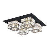 Plafon Cristal E Vidro Sobrepor Quadrado 30cm Preto 4 Lâmp