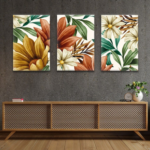 Cuadro Tríptico Decorativo Moderno 100x45cm Flores Otoño P