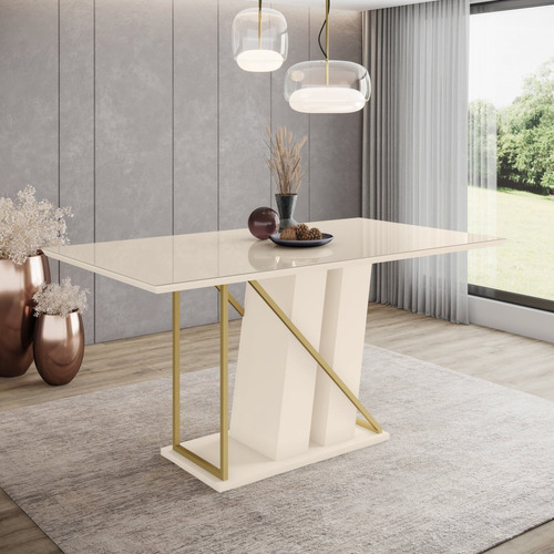 Mesa De Jantar 6 Lugares 1,6m Tampo Mdf E Vidro Canto Dg