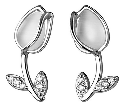 Aretes Diseño Flor Tulipán Con Zirconias 100% Plata S925