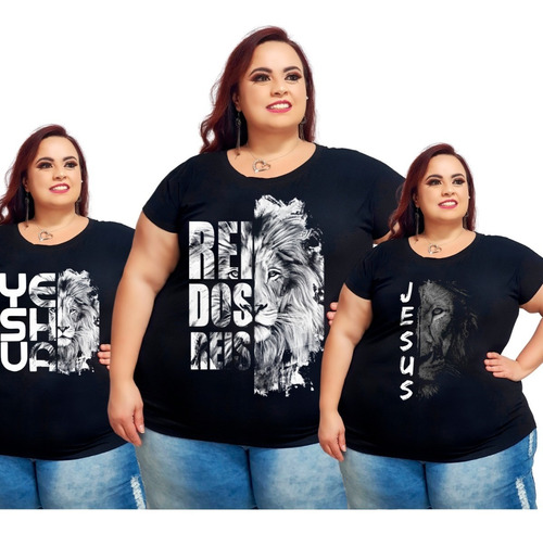 Kit 3 Blusas T-shirt Frases Evangélicas Plus Size Atacado